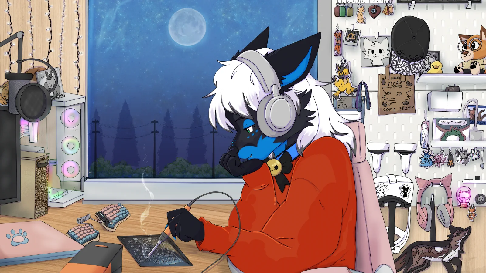 Sandy, a blue and black fox with white hair and headphones, soldering a keyboard at a cozy desk on a moonlit night